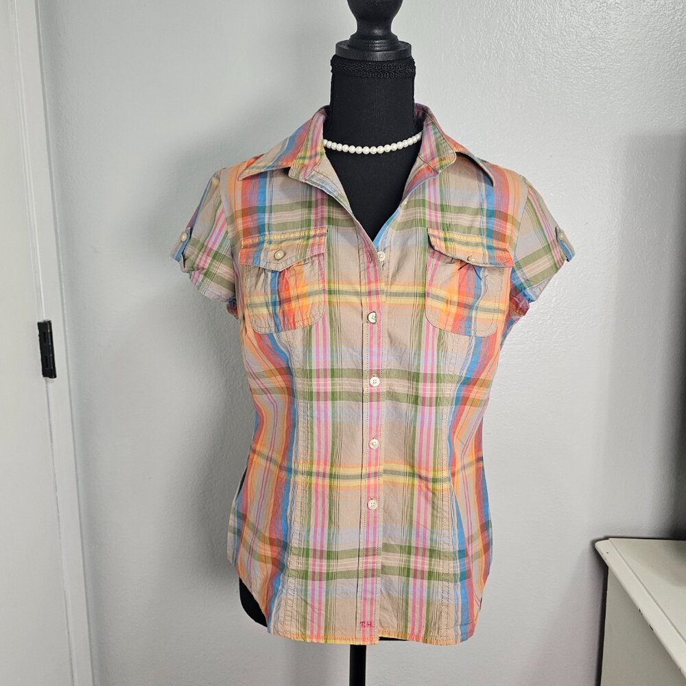 Tommy Hilfiger Multi-Color Plaid Button-Down Short Sleeves Shirt - Size Medium - Picture 2 of 6